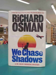 Photo of the cover for the mystery novel 'We Chase Shadows', featuring a stylized sunset, cat, and airplane