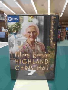 Photo of the case for the DVD 'Mary Barry's Highland Christmas', featuring a photo of Mary Berry surrounded by Christmas decorations
